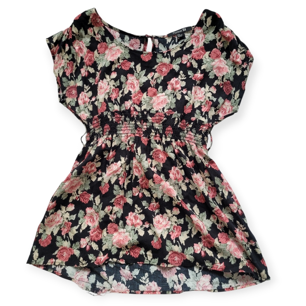 Vintage Y2K Forever 21 Floral Print Blouse Black Pink Large Boho Cottagecore